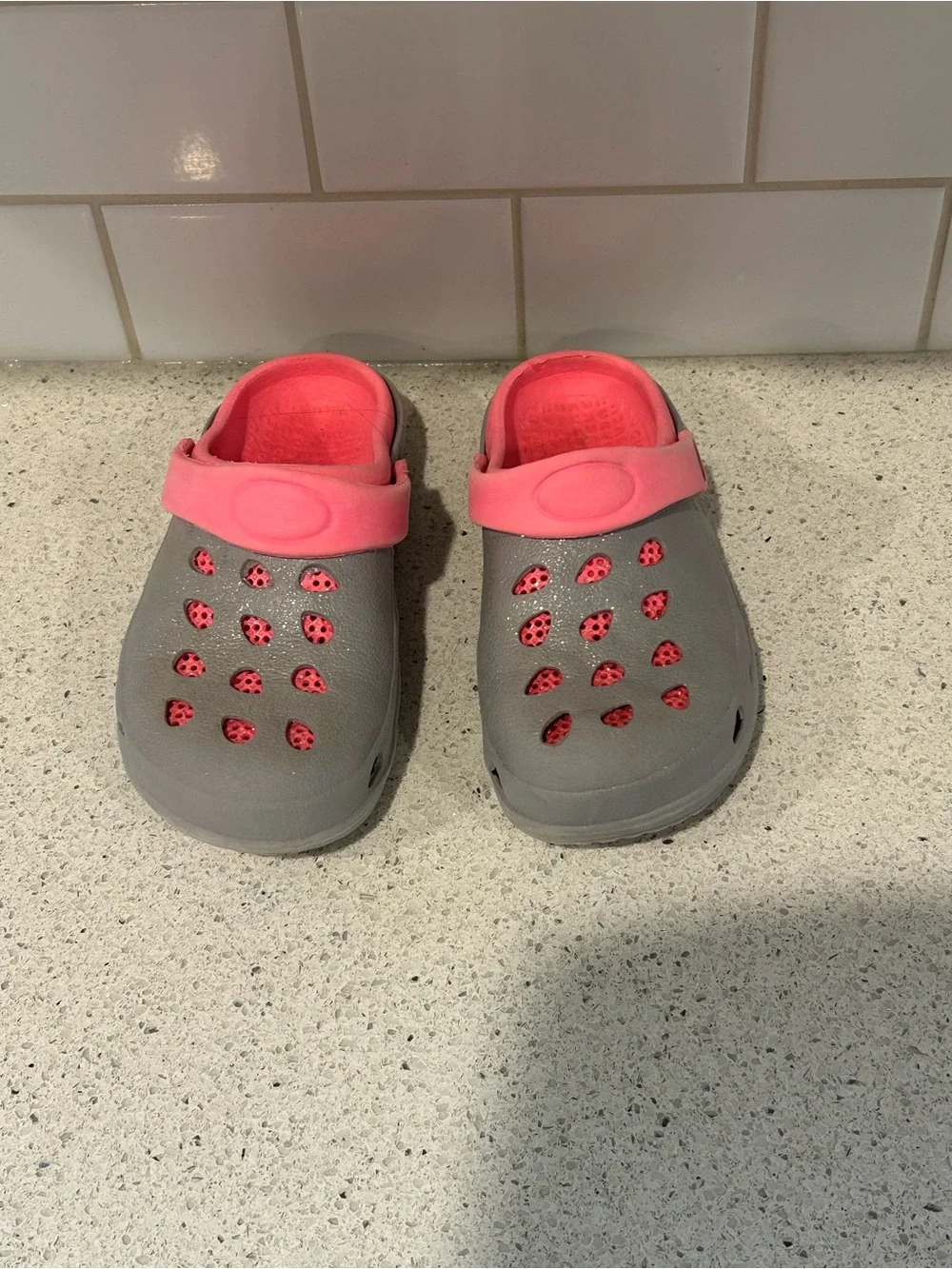 Kids Casual Crocs - Gray with Pink Accents, Size 12/13